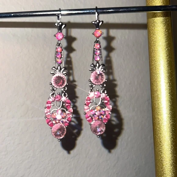 Pink jewels black metal clasp dangle earrings sparkly costume jewelry hang 3” - Picture 11 of 17